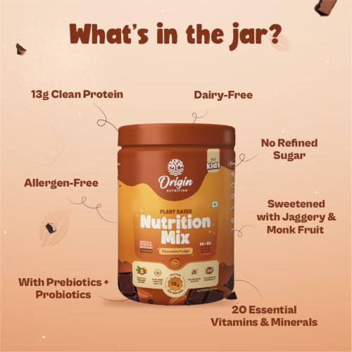 Image of Origin Kids Nutrition Mix | Ages 13+ | 13g Plant Protein | Eye Health, Immunity & Bone Strength | Chocolate Fudge, 357g | No Refined Sugar | Plant-Based