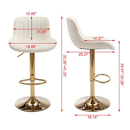 I-Pook Swivel Bar Stools Set Of 2, Adjustable Counter Height Barstools With Tufted High Back And Golden Footrest, Velvet Upholstered Bar Chairs For Home Bar Kitchen Island, Ivory #TOP1