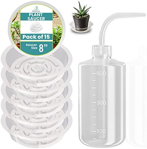 DripFlex Plant Saucers for Indoors - 15 Pcs Clear, Leak-Proof 8 inch Plant Trays for Pots with Watering Bottle(500ml) - Perfect Sizes & Easy Clean-up Plastic Plant Trays - Style Up Your Plant Care!
