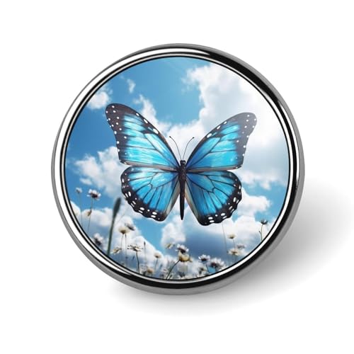 Aluminium Alloy Round Badge Brooch Pins for Men Blue Butterfly And Clouds Brooches Elegant Pin for Women Fashion Button Badges Brooch Badge for Hats Jackets Shirts