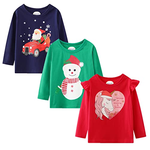 Image of Girl Long Sleeve Shirts Christams Tops Tees Cotton Casual Stripe Crewneck Graphic Jersey Tunic T-Shirts 3 Packs Sets