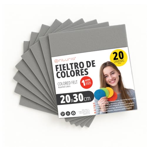 OFITURIA Feltro Colorato per Artigianato, Fai-da-te, Progetti Scolastici, Scrapbooking, Cucito Creativo e Decorazioni 20x30cm (Grigio, 20 pz)