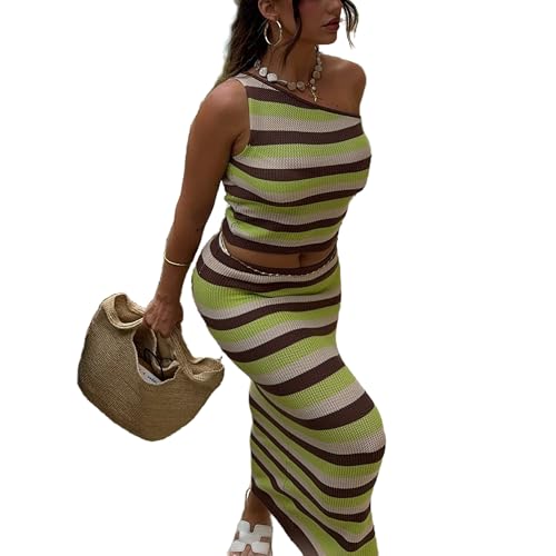 VOIKERDR Summer 2 Piece Skirt Sets for Women One Shoulder Top and Maxi Skirt Crochet Set Vacation Outfits