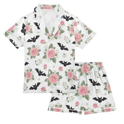 Satin Pajama Sets Short Sleeve Bats Roses Pattern Button Down Silky Nightwear 2 Piece PJS 5-14Y