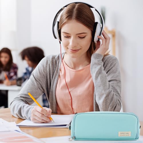 Image of MAMUNU Large Capacity Pencil Case, 3 Compartments Canvas Pencil Pouch with Zipper, Aesthetic Pencil Bag Pen Pouch for School Office Students Teen Girls Boys, Light Blue