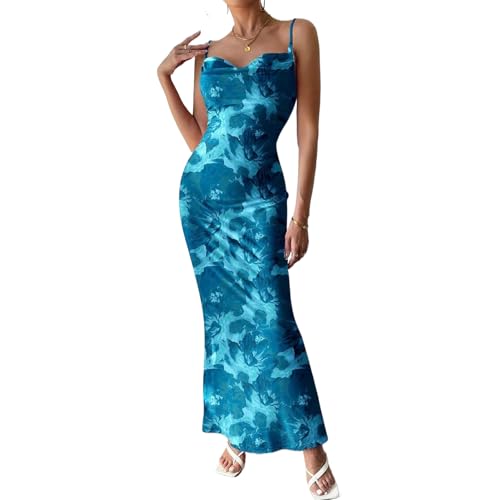 Image of Womens Summer Casual Floral Dresses Spaghetti Strap Bodycon Maxi Beach Dress Elegant Evening Party Long Dresses (US, Alpha, Large, Regular, Regular, Z Blue)