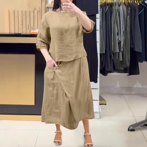 Women’s 2 Piece Cotton Skirt Set 3/4 Tiered Sleeve Top Cotton Line Midi Skirt Solid Comfy Fashion Lounge Outfits3
