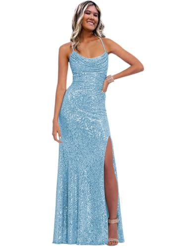 Image of Stylefun Women's Halter Mermaid Prom Dresses with Slit Long Sequin Formal Cocktail Party Dress STN027