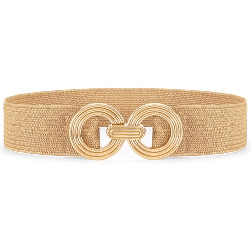 Straw Woven Elastic Belt for Women Fashion Wide Belts Stretchy Boho Belt Ladies Beach Dress Belt with Gold Buckle