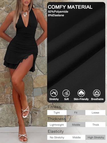 Women Sexy Halter Deep V Neck Ruched Bodycon Dress Summer Side Slit Mesh Hem Cocktail Club Party Short Mini Dresses4