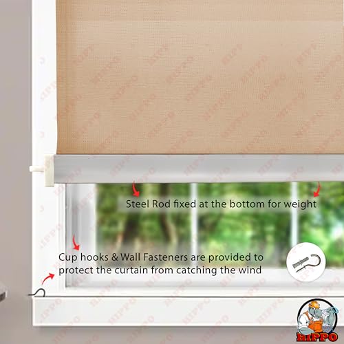 Image of HIPPO 180 GSM HDPE Outdoor Balcony Roller Blind, UV & Dust Protection Corded Roll Up and Down Light Filtering Blinds for Garden (Sand, 3FTX9FT)