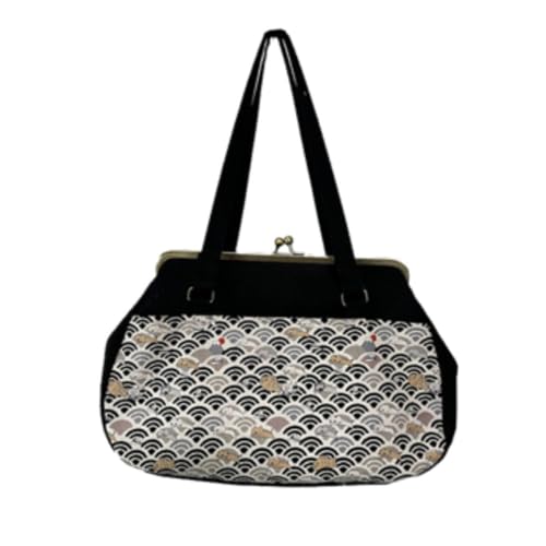 G3ソーイング がま口バッグ ハンドバッグ ハンドメイド 猫と鯛焼き ブラック