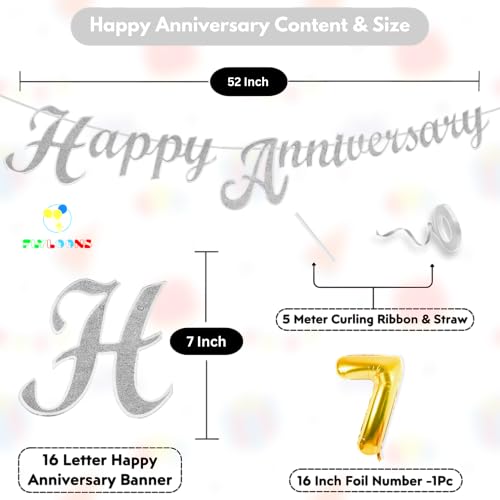 Image of Flyloons 7th Happy Anniversary Banner Silver Decorations Kit for Men Women Wedding Anniversary Banner Items without Balloons