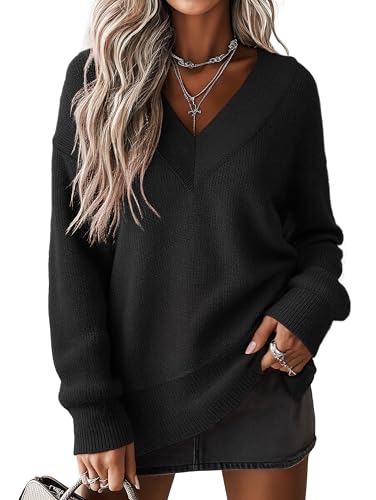 Jouica Women's Sweaters V Neck Pullover Sweater Side Slit Long Sleeve Knit Fall Tops Trendy Outfits for Women 2025