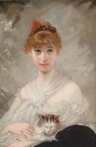 Pintura al óleo de chica con gato para decorar tu hogar con un toque artístico de 60x90cm