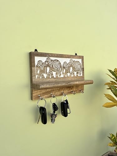 Image of Wooden Key Holder with Elephant Design, Wall Mounted, Natural Brown, 5 Hooks, Handcrafted Exclusive Home Decor (25.5X16.5X6.5 cms)