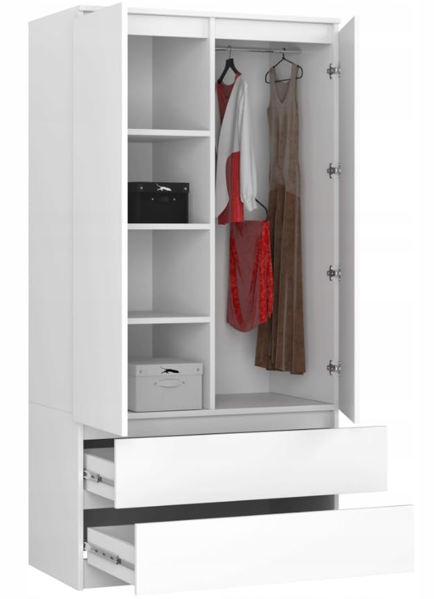 BDW kledingkast 2 deuren, 4 legplanken, kledingrek, 2 laden, kapstok, lade garderobe, kledingkast voor slaapkamers, woonkamers, 180x90x51cm, (Elzen