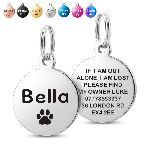 Deep Engraved Dog Tags for Pets UK Prime Personalised Cat Dog Name ID Tags Stainless Steel Pet Tag for Doggy Kitten Kitty Puppy Scratch Resistant Tag (Silver Round S)