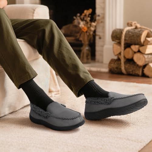 Image of Men's Moccasin House Slippers Memory Foam Suede Plush Indoor Bedroom Shoes | Fuzzy Non-Slip Warm Winter Comfy Cowboy Slippers for Indoor Outdoor Home Dad Husband Grandpa Gifts Black Brown Grey