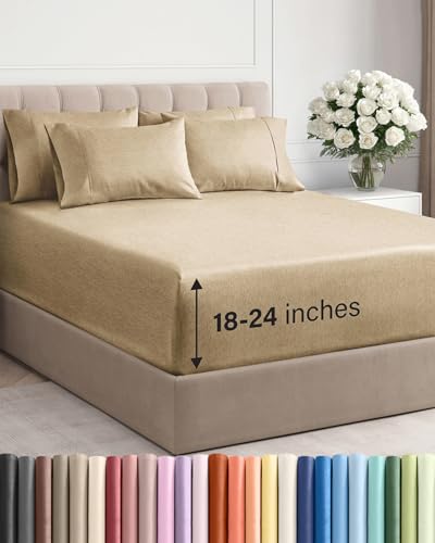 Image of Extra Deep Queen Sheet Set - 6 Piece Breathable & Cooling - Heathered Tan | Hotel Luxury Bed Sheets Set, Easy & Secure Fit, Ultra-Soft, Wrinkle & Fade Free, Comfy Sheets Set with Extra Deep Pockets