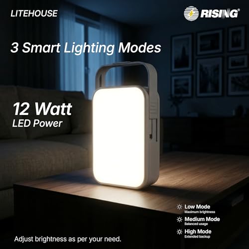 Image of RISING LITEHOUSE Rechargeable Emergency Light for Home | 4000mAh Li-ion Battery | 12W Bright LED | 180 Degree Light | Upto 10 Hours Back Up | Easy Sliding Handle | Type-C Charging + Power Bank