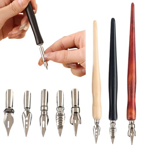 JYXNU 8 Pièces Kit Calligraphie avec 3 Porte Plume en Bois et 5 Plumes en Acier Inoxydable Stylo Plume Calligraphie pour Dessin de Bande Dessinée Croquis...
