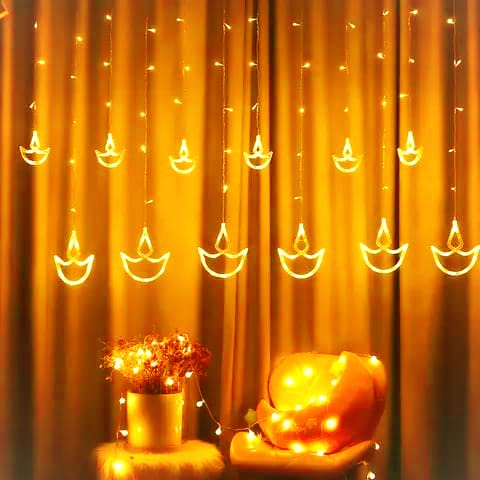 FLYNGO 12 Diya 138 LED Curtain String Lights for Decoration, Window Lights with 8 Flashing Modes for Home Decoration for Diwali, Wedding, Party, Christmas, Balcony