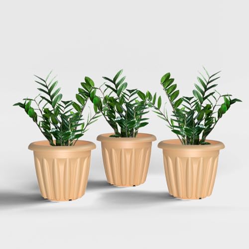 Image of YUCCABE ITALIA SHERA Floot Plastic Flower Pot Round Planter Suitable for Indoor Outdoor Kitchen Garden (Beige, 10 INCH - 3 Pcs)