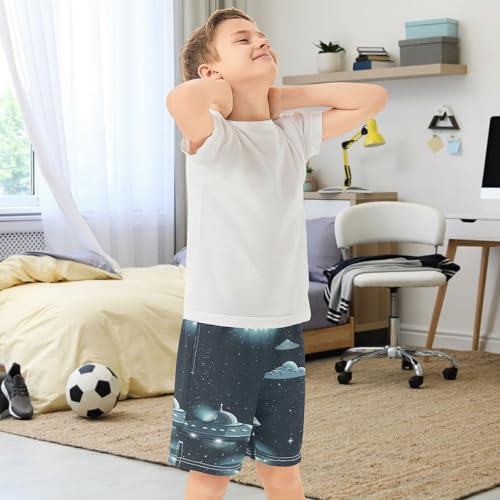 Boys Athletic Shorts with Pockets Cool Spaceship Running Basketball Shorts for Youth Elastic Waist Size 7-83