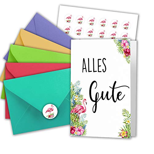 Juego de 25 tarjetas plegables 'Alles Good ' DIN A6 - Blanco con diseño de flamenco rosa - con sobres DIN C6 en varios colores con etiquetas redondas
