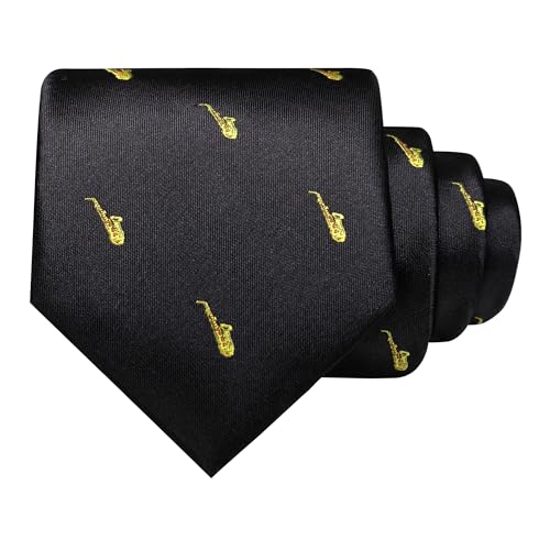 RBOCOTT Saxophone Holiday Black Ties for Men Novelty Fun Patterns Necktie and Pocket Square Tie Clip Lapel Pin Set 4PCS(5)