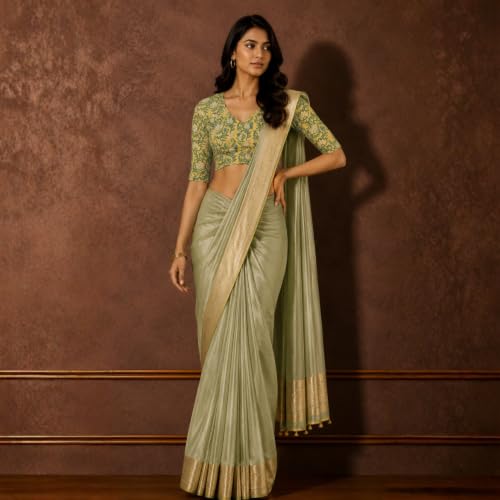 Image of Studio Shringaar Women's Yellow Cotton Printed Side Stretch (Smocked) Readymade Saree Blouse