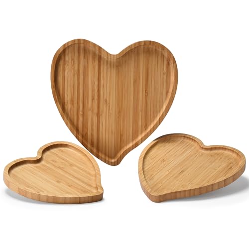 Hallops Heart Charcuterie Board - Bamboo Heart Wood Tray for Food - Heart Cheese Board - Rustic Serving Trays - Multipurpose and Durable - Set of 3-7.6x7.6, 9x8.4, 10.6x10.6 inches