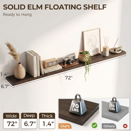 Image of Elm Floating Shelves for Wall - 72 in Rustic Solid Wood Shelves with Heavy-Duty Invisible Bracket, Long Wall-Mounted Wooden Shelf for Living Room, Bathroom, Kitchen Storage & Display, Set of 1, Walnut