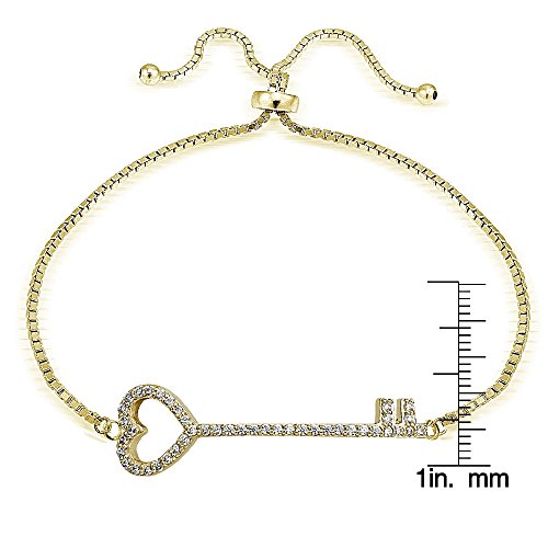 Image of Hoops & Loops Sterling Silver Cubic Zirconia Heart Key Pullstring Adjustable Bracelet