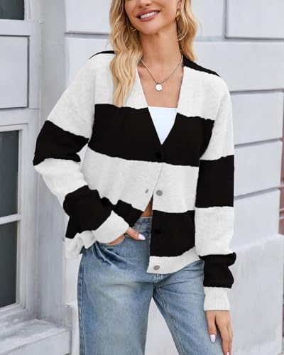 Image of YEXPINE Unisex Striped Cardigan Sweaters Open Front Long Sleeve Oversized Button V Neck Knit Outwear