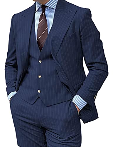 Men's Pinstripe Suit 3 Piece Slim Fit Lapel Stripe Blazer Vest Pant for Business Wedding