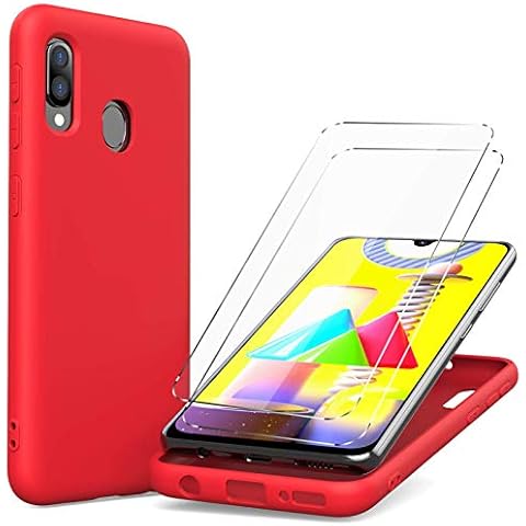 Oududianzi Liquid Silicone Case Compatible with Samsung Galaxy A20e + [2 x Tempered Glass Screen Protectors] Liquid Silicone Slim Gel Rubber Case, Scratch-Resistant Shockproof Protective Case - Red Cover