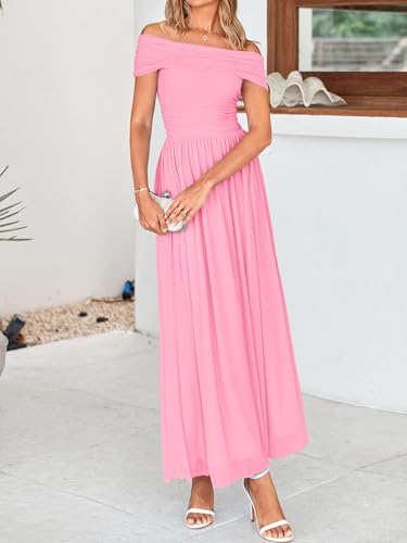 Image of MASCOMODA Women Off The Shoulder Mesh Maxi Dress Bodycon Ruched Formal Sleeveless Pleated Cocktail Wedding Guest Long Dresses
