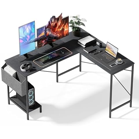 Simple Deluxe L Shaped Desk Gaming Computer 50 Inch Reversible Corner Table PC Work Table for Writing Study Student with Wood Tabletop Metal Frame CPU Stand Side Bag for Home Office Small Place Cover