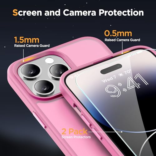 Image of Miracase Magnetic for iPhone 14 Pro Max Case 6.7 inch (Compatible with MagSafe)(with 2X Screen Protectors) Military-Grade Protection, Anti-Fingerprint Translucent Matte Phone Case Cover, Mes Pink