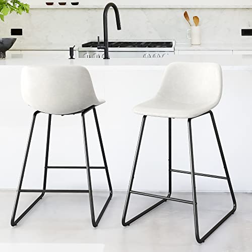Image of LUE BONA 24 inch ALX Faux Leather Barstools Set of 2, Bar Stools, Modern Counter Height Stools with Back and Metal Legs, Armless Counter Chairs, White