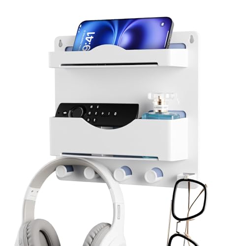 JUMEIHUI Bedside Wall Shelf with Glasses Hooks ，Adhesive Bedside Organizer