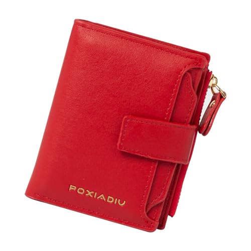 Small Wallet Women RFID Blocking Soft Leather Bifold Compact Card Holder with Zipper Coin Pocket & Removable ID Case（Red）