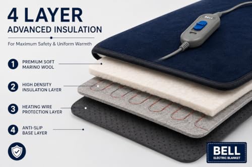 Image of Bell electric blankets - Single Bed - 10 Years Warranty - Zed Certified Heating Bed Warmer with Four Heat Settings - Pain Relief with Low Power Consumption Just 70 Watt- Size (150cms x 80cms)