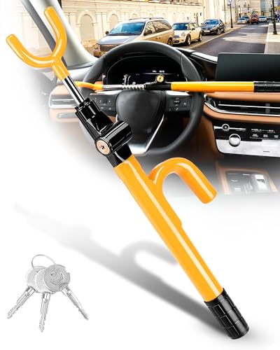 Tevlaphee Candado para Volante, Cerradura de Seguridad para Coche, Dispositivo Anti Robo Resistente, Alta Visibilidad, Ajuste Universal para Coches, SUV y Furgonetas, Ajustable, 3 Llaves(Amarillo)