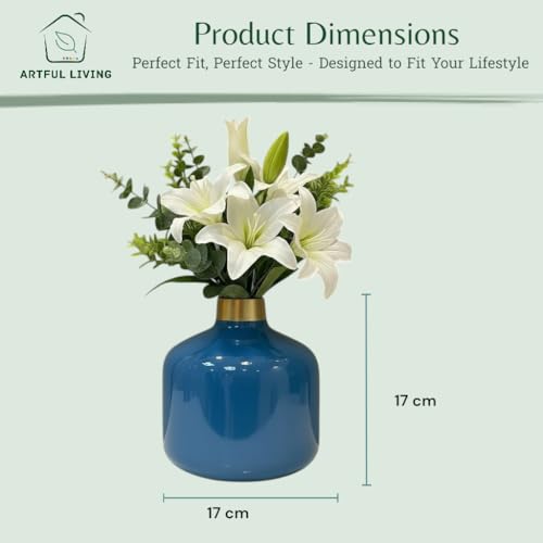 Image of Artful Living India - Round Metal Flower Vase | Round Vintage Vase for Living Room, Table, Office Decoration & Home Decor | Antique Decorative Metal Vase (Royal Blue)