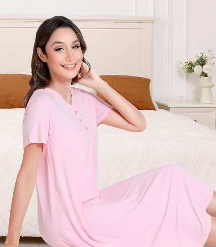 Image of NACHILA Bamboo Viscose Nightgowns for Women Short Sleeve V Neck Sleepwear