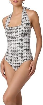 Shoshanna Women's Swimwear Herringbone Texture Retro Halter One Piece, Jet/Optic, 12
