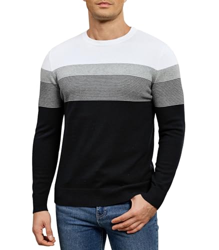 Genfien Hommes Pull à Col Rond et Manches Longues Chaud Pulls en Tricot Rayé Decontracté Sweater Casual 100% Coton